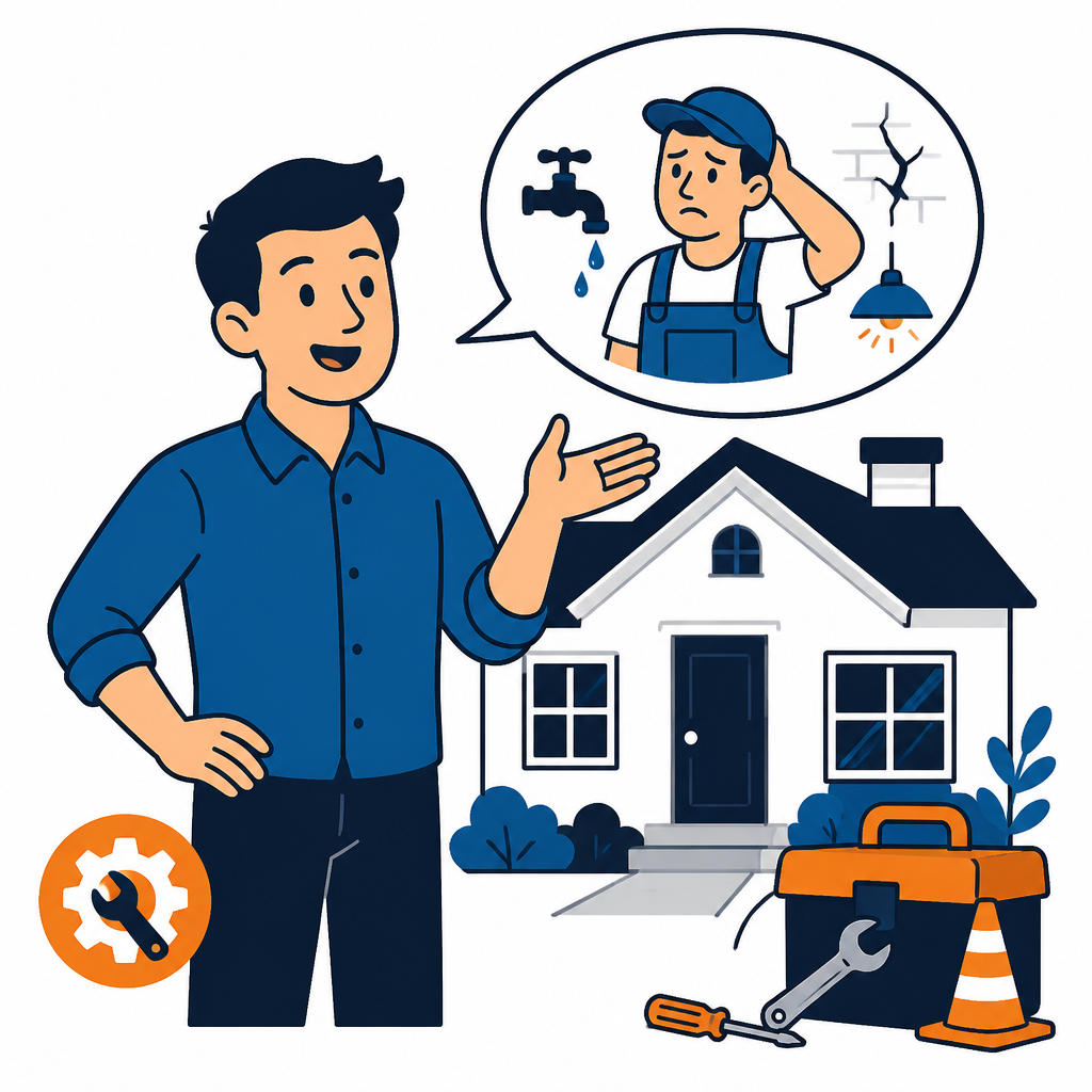 Illustration: Kunde schildert sein handwerkliches Problem vor einem Haus
