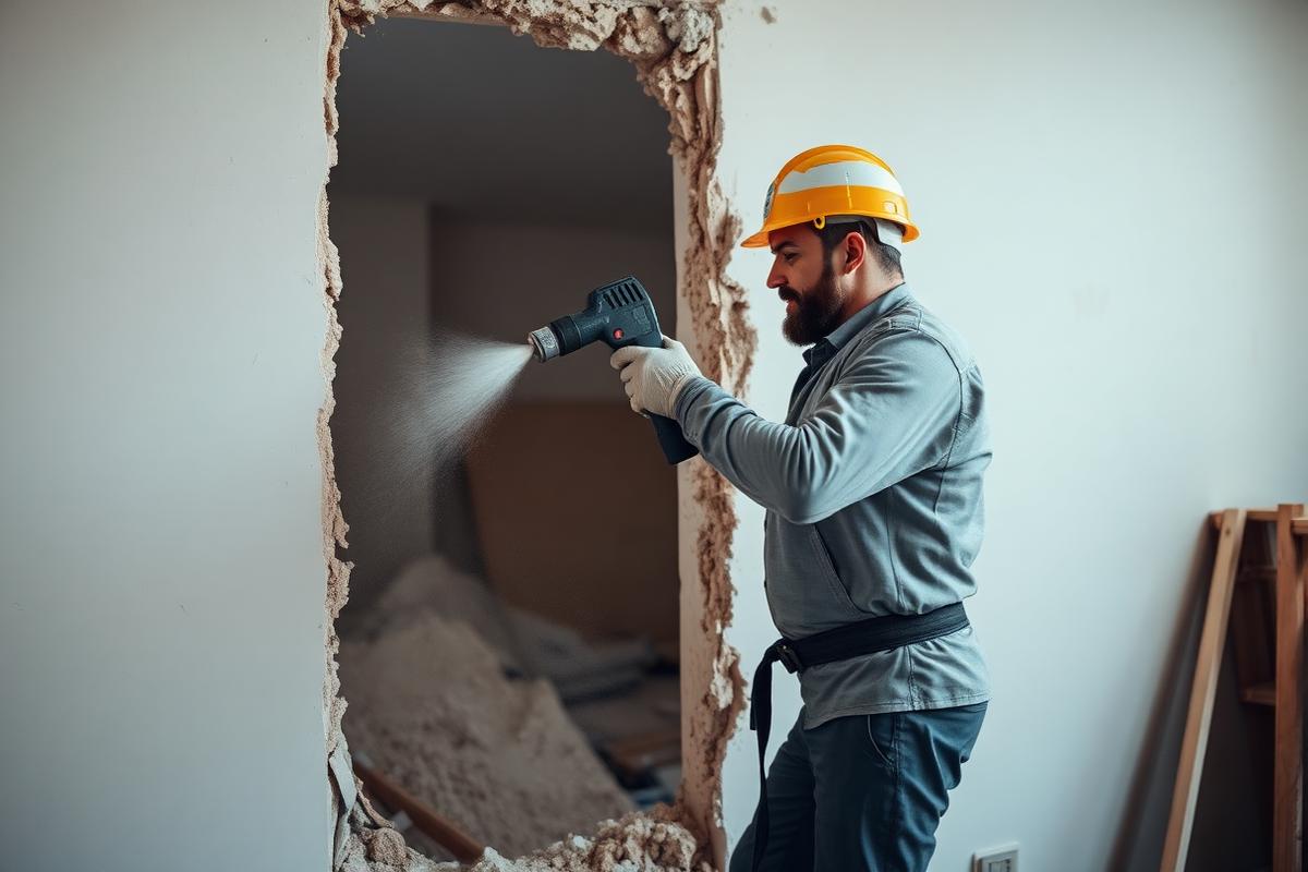 Arbeiter entfernt eine Innenwand mit dem Abbruchhammer