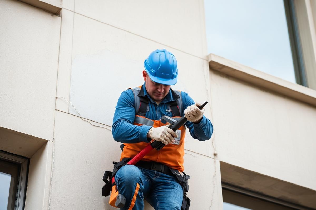Handwerker saniert eine Betonfassade