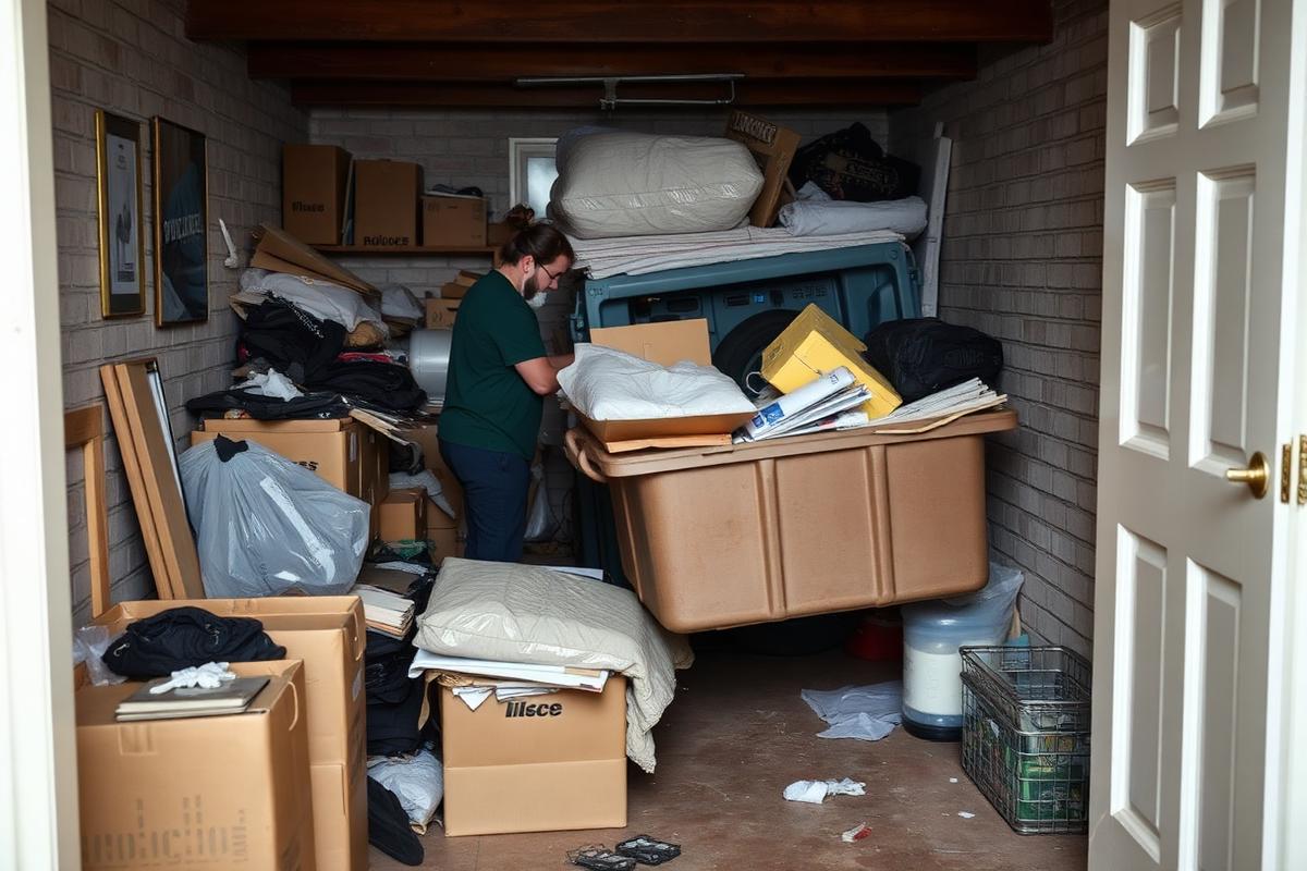 Arbeiter entrümpelt einen vollgestellten Kellerraum