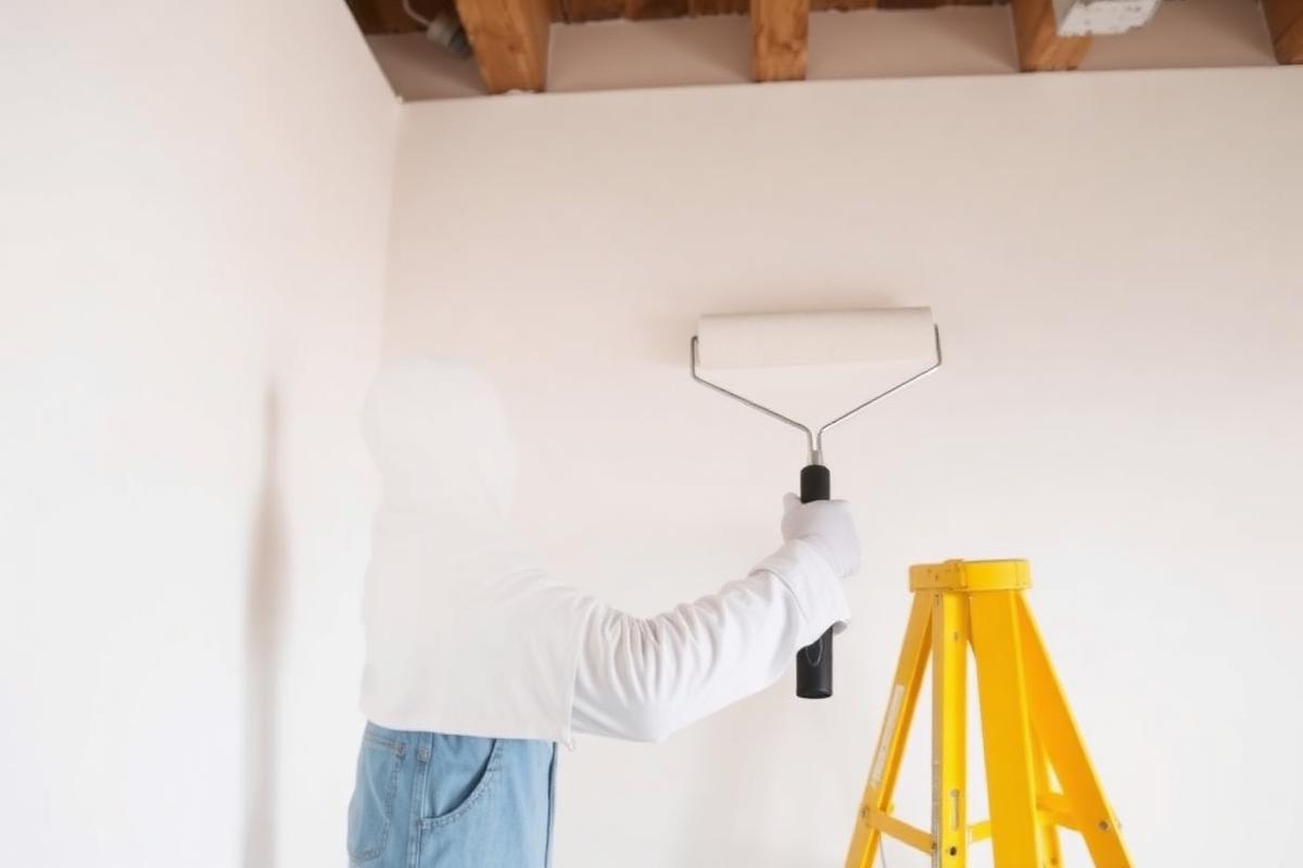 Maler streicht eine Innenwand mit der Farbrolle