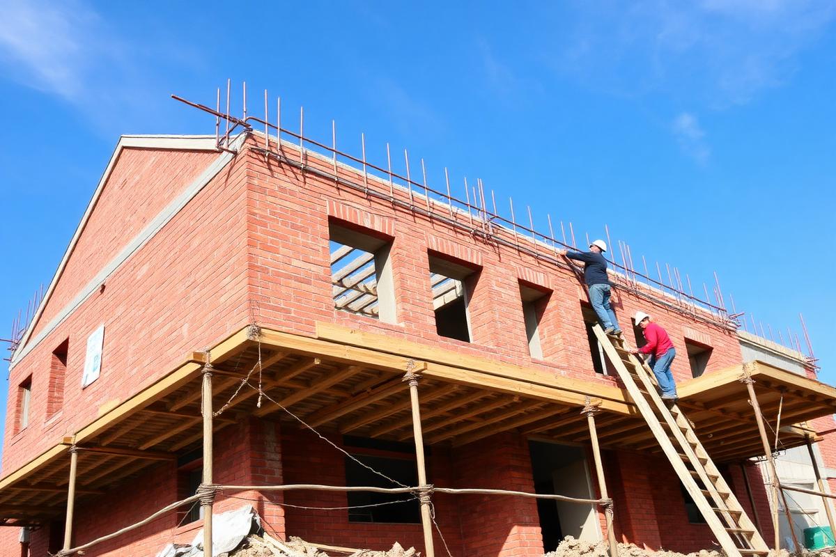 Bauarbeiter errichten den Rohbau eines Hauses aus Ziegelmauerwerk