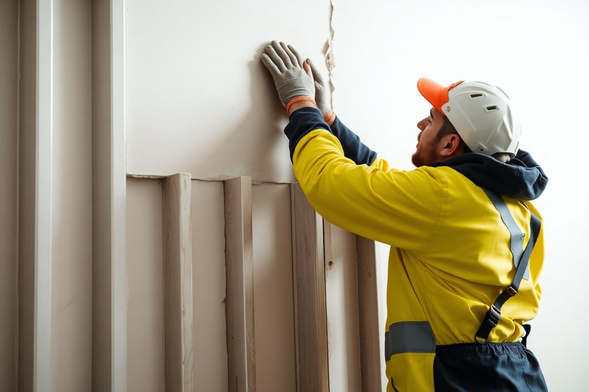 Handwerker beplankt eine Ständerwand mit Gipskartonplatten