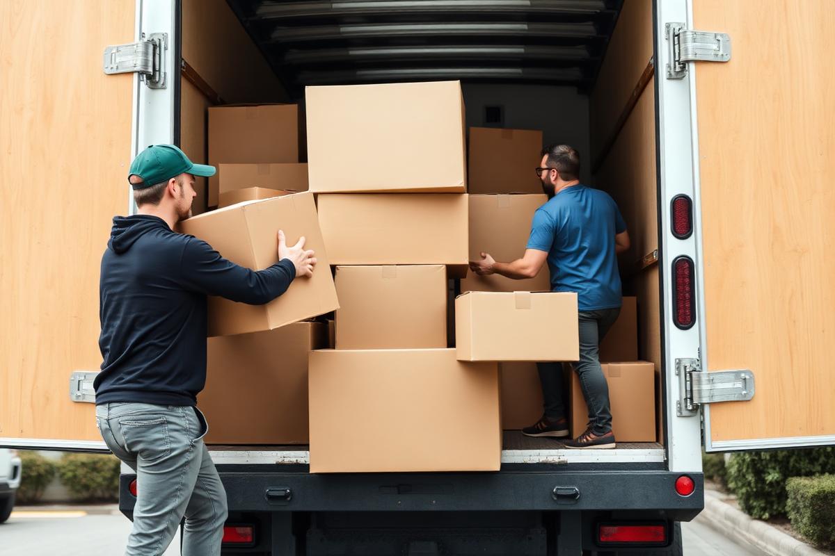 Umzugswagen und Möbeltransport mit gepackten Kartons